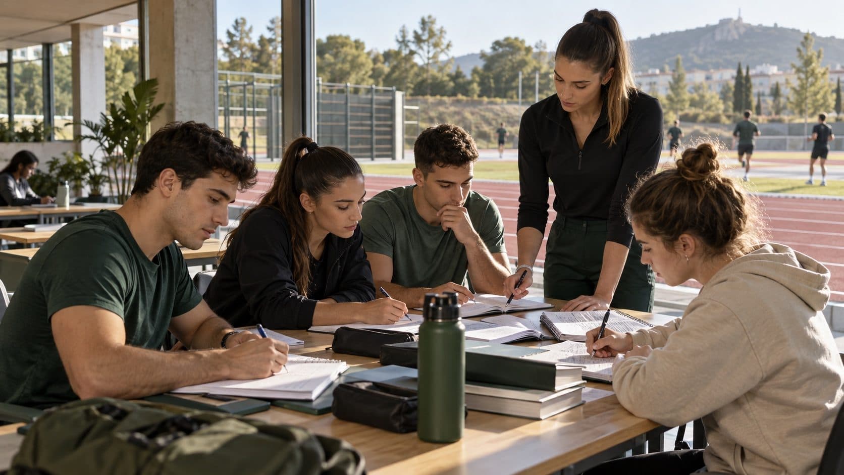 Grupo de estudiantes jóvenes preparando la oposición con una profesora, junto a una pista de atletismo